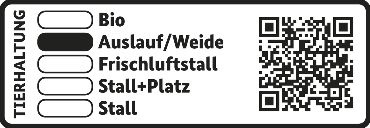 Staatliches Tierhaltungslabel der Stufe "Auslauf/Weide". Klick führt zu Großansicht im neuen Fenster.