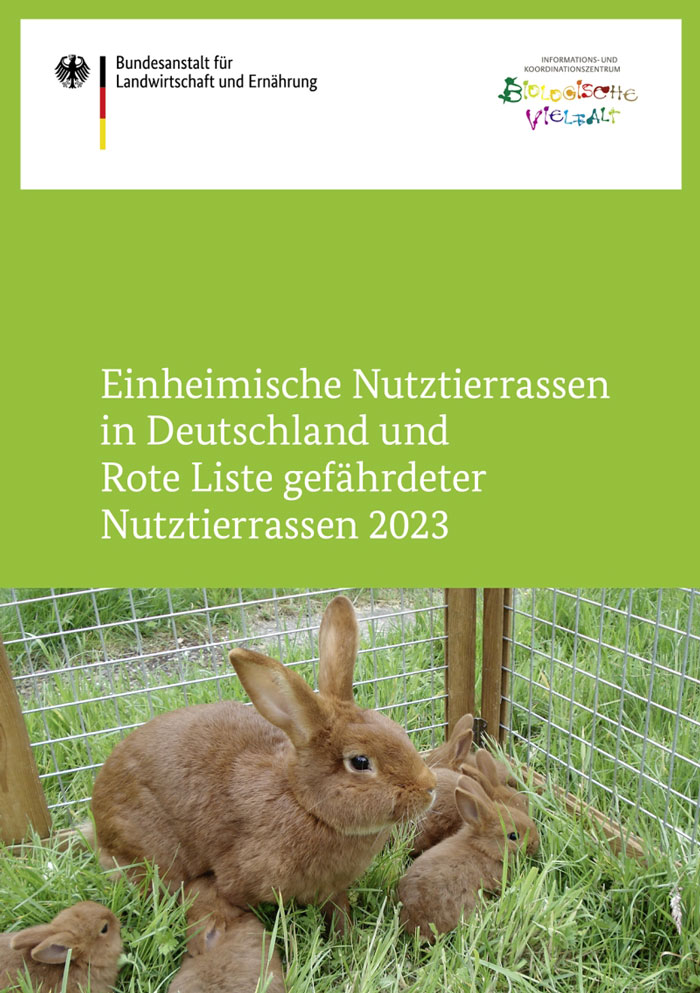 Cover der Broschüre Rote Liste einheimische und gefährdete Nutztierrassen. Zu sehen ist ein Kaninchen. 