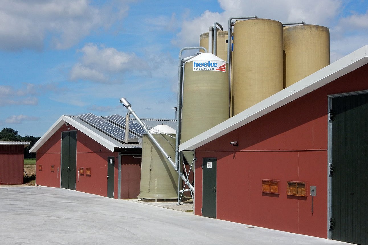 Stallgebäude und Futtersilos. Klick führt zu Großansicht im neuen Fenster.