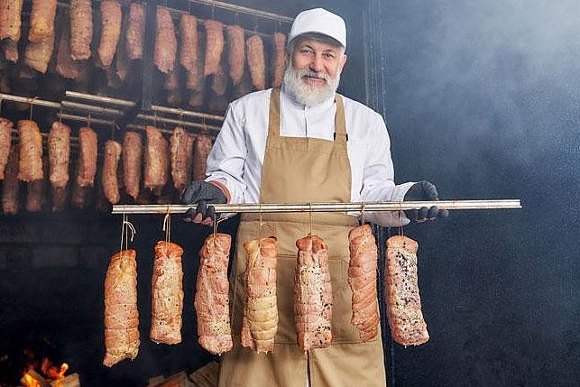 Mann steht in einer Räucherkammer mit Fleisch. Klick führt zu Großansicht im neuen Fenster.