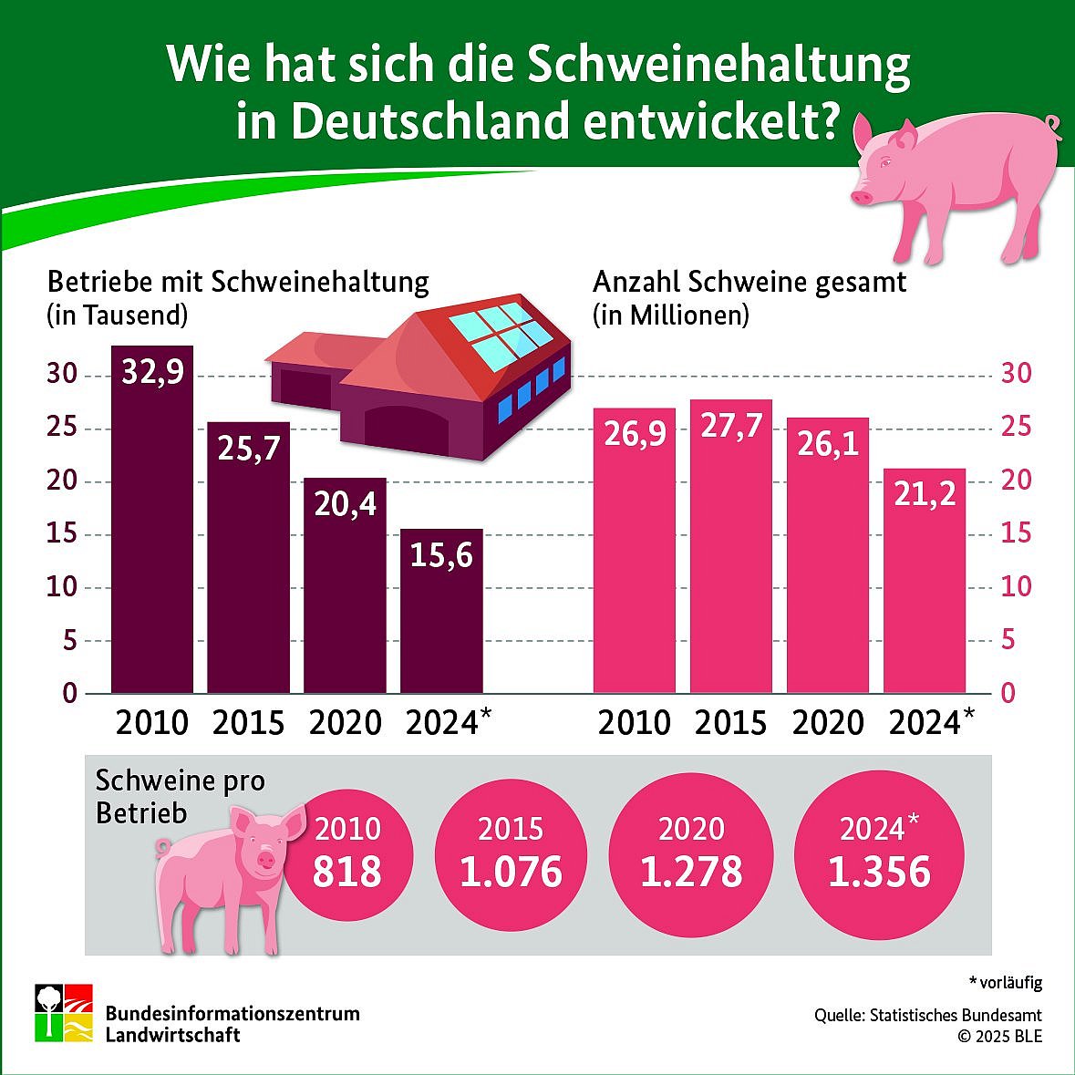Die Infografik zeigt grafisch die Anzahl der Scheinehaltenden Betriebe sowie die Gesamtzahl der Schweine in Deutschland in einem Säulendiagramm