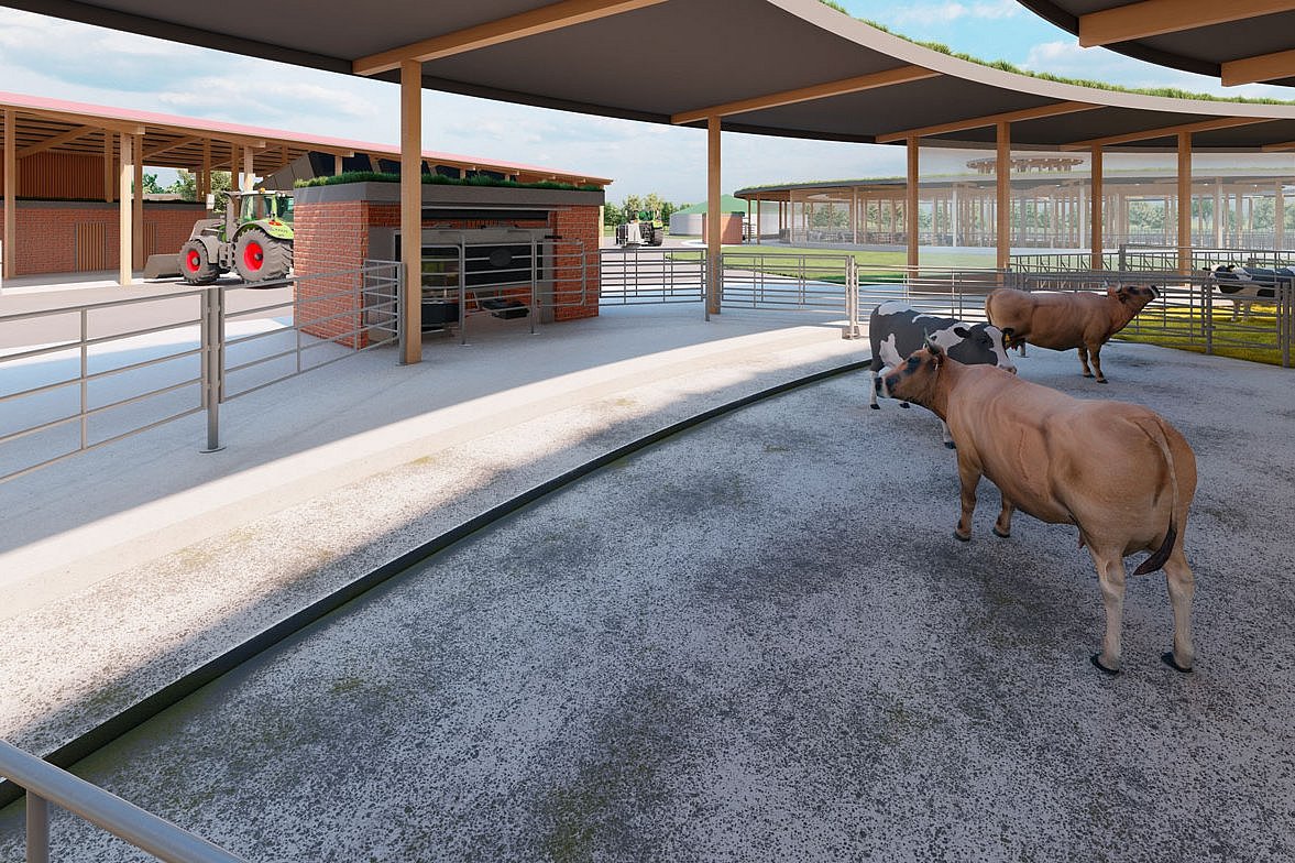 Das Bild zeigt die Visualisierung des Tierwohlstalls. Ein Kuhmodell blickt auf ein automatisches Melksystem. Klick führt zu Großansicht im neuen Fenster. 