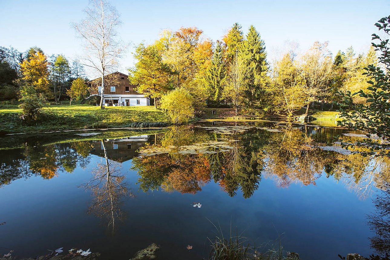 Ein Bild zeigt einen Teich, der von Bäumen gesäumt wird. Am Rand steht ein Haus. Klick führt zu Großansicht im neuen Fenster.