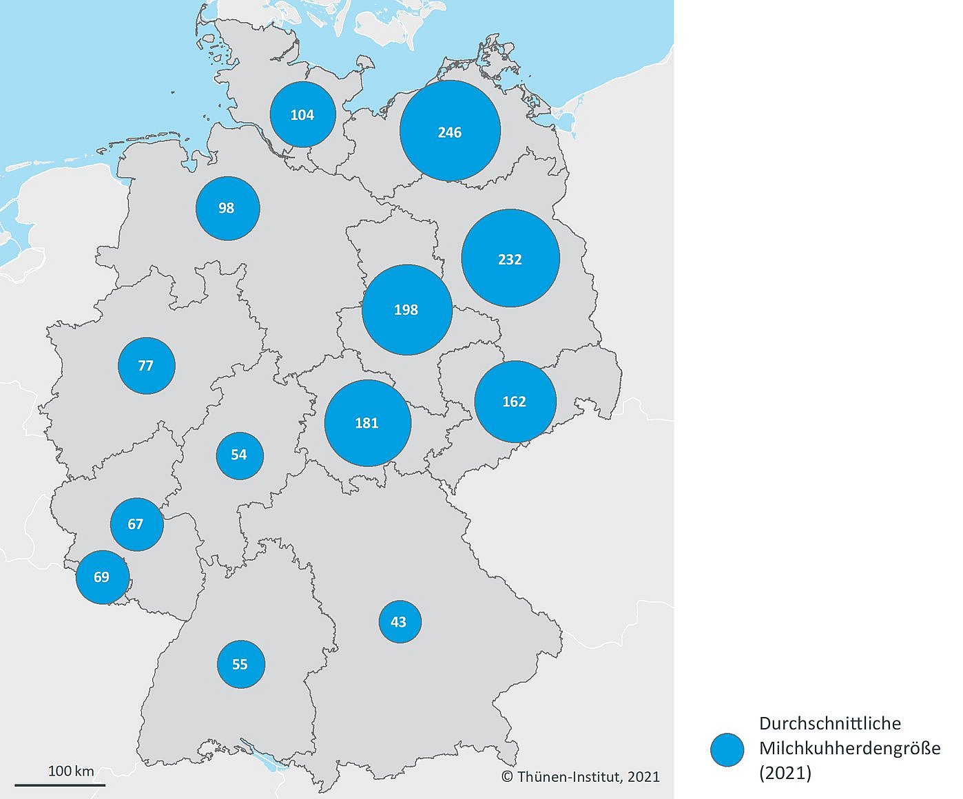 Grafik: Durchschnittliche Bestandsgrößen in den Bundesländern (Kühe pro Betrieb). Klick führt zu Großansicht in neuem Fenster.