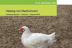 Titelseite des DLG-Merkblatts 406 Haltung von Masthühnern. Klick führt zu Großansicht im neuen Fenster.