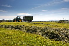 Gemähtes Grünland, im Hintergrund ein Traktor mit Ladewagen. Klick führt zu Großansicht im neuen Fenster.