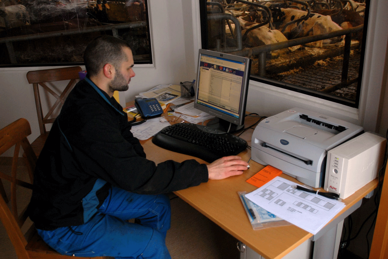 Ein Landwirt sitzt im Büro des Kuhstall. Er blickt auf die Bildschirme und kann gleichzeitig die Kühe sehen. Klick führt zu Großansicht im neuen Fenster. 