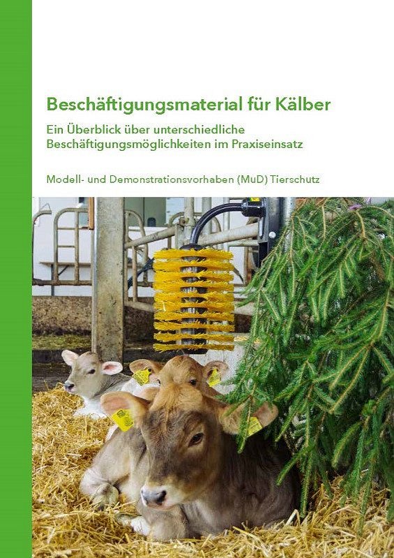 Cover der Broschüre Beschäftigungsmaterial für Kälber. Klick führt zu Großansicht im neuen Fenster. 