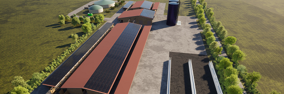 Ausicht auf das entwickelte Stallmodelle mit zwei Stallabteilen, einem zentral gelegenen Gebäudebereich für Fütterung und kranke Tiere, Fahrsilo mit zwei Kammern, zwei Hochsilos sowie Biogasanlage im Hintergrund.