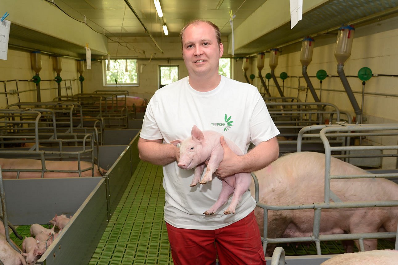 Landwirt hält ein junges Ferkel hoch, im Hintergrund ist ein Ferkelstall zu sehen. Klick führt zu Großansicht in neuem Fenster.