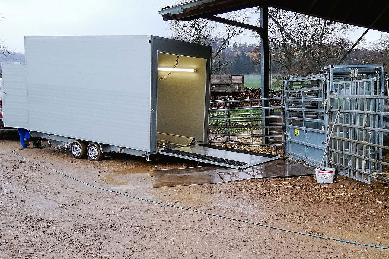 Das Bild zeigt den Prototyp einer EU-zugelassenen mobilen Schlachteinheit. Klick führt zu Großansicht im neuen Fenster. 