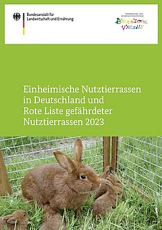 Cover der Broschüre Rote Liste einheimischer Nutztierrassen 2023. Zu sehen ist ein Kaninchen. 