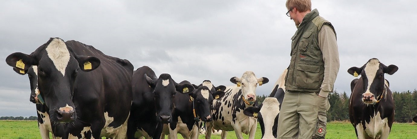 Ein Landwirt steht mit Milchkühen auf einer Weide. Klick führt zu Großansicht im Fenster.